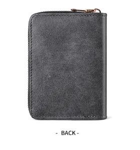 Men retro zipper coin purse and car key holder case in dark grey textured leather back view