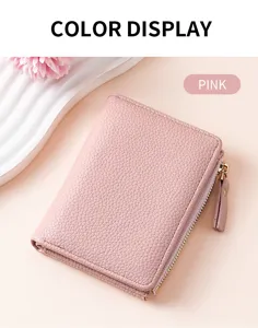Women short litchi grain wallet pink multi-card slot zipper coin purse stylish accessory.