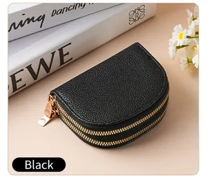 Compact black double zipper coin purse and premium leather card wallet detail view