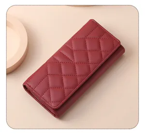 Elegant women's red quilted long tri-fold wallet, premium large-capacity clutch bag.