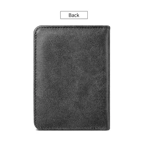 Detailed view of the black leather card holder back texture and fine stitching craftsmanship.