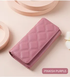 Pinkish purple quilted long wallet, elegant trifold leather clutch purse for women.
