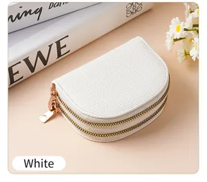 Detail view of the white double zipper card holder showcasing textured leather finish.