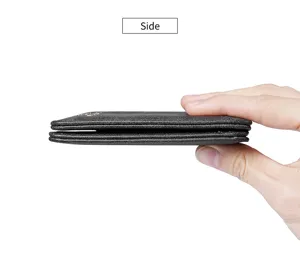 Side view of slim black leather card holder wallet, showing ultra thin profile and stitching.