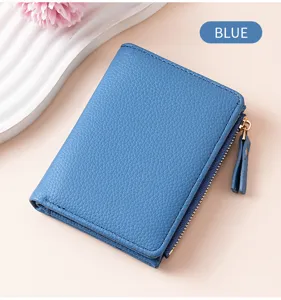 Blue short women wallet with zipper and card slots, stylish lychee pattern faux leather.