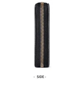 Detailed side view of black leather zipper key case and coin purse with gold hardware.