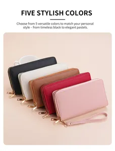 Close up of multi color long wallets showing double zipper, card slots and wrist strap.