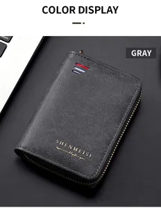 Men's leather zipper key case wallet dark gray card holder car key pouch organizer