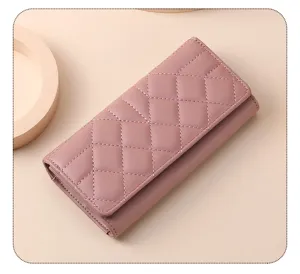 Elegant women's long quilted wallet, PU leather trifold clutch bag for cards and phone.