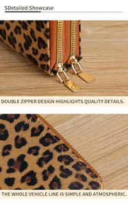 Leopard print women's short wallet detail showing premium dual metal zippers and textured leather.