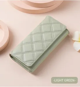 Classic quilted long wallet for women, large capacity three-fold PU leather clutch bag.
