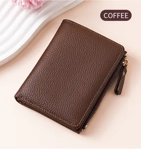 Women short wallet lychee pattern solid color multi card slots coin purse coffee color
