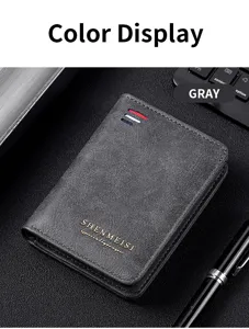 Classic mens short wallet detail view, premium grey textured card holder and coin pouch.