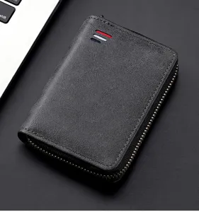 Black leather zipper coin purse key case wallet featuring red white blue stripe detail for men
