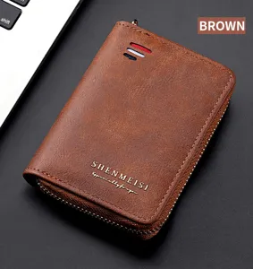 Men's vintage brown leather key wallet zipper coin purse card holder with compact design.