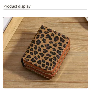 Leopard print short wallet with double zippers for women, stylish coin and card case.