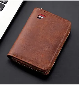 Vintage brown leather zipper card holder and key case with stylish minimalist design details.