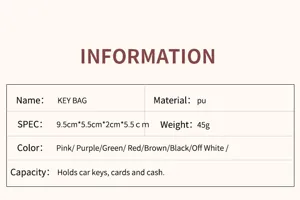 Produktspezifikationsdetails für die Schlüsseltasche mit Größe, Material und Farbe.