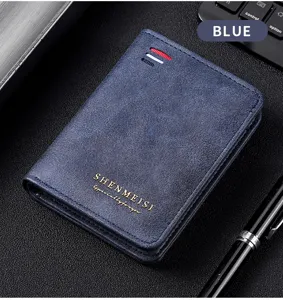 Blue retro men's wallet detail view, premium multi-card slots vintage credit card holder.