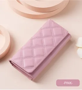 Pink quilted long trifold wallet detail, soft PU leather texture and exquisite stitching.