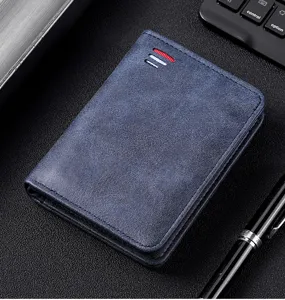 Classic men's leather wallet retro short card holder coin purse vintage blue card case