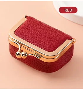Mini red kiss-lock coin purse retro leather jewelry box small portable storage bag storage case