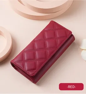 Classic red quilted long tri-fold wallet for women, elegant PU leather clutch purse