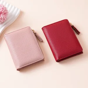 Women's Short Wallet PU Leather Litchi Pattern Bifold Wallet Multi-Card Slot Zipper Coin Purse Minimalist Style
