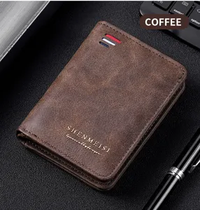 Classic men's retro brown leather short wallet with multiple card slots and coin pocket detail.