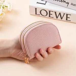 PU Leather Double Zipper Card Holder Solid Color Accordion Wallet Large Capacity Coin Purse For Women
