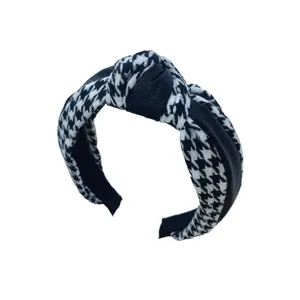Vintage geknoopte haarband van PU-leer en pied-de-poule voor dames, zwart-wit retro modeaccessoire