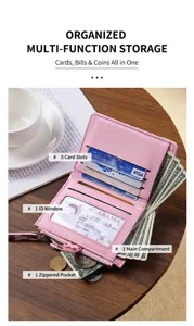 Pink women short wallet with multi card slots ID window zipper pocket and cash compartment.