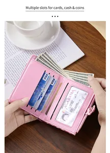 Pink women's short wallet with multiple card slots, cash pocket and zipper coin purse.