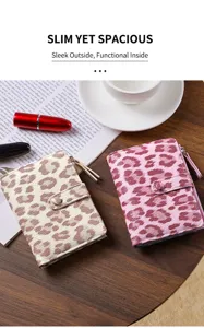 Women short leopard print wallet stylish compact card holder purse with zipper pocket and snap.