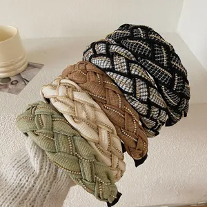 Handmade Braided Twist Wide Padded Headband For Women Rhinestone Chain High Skull Top Fabric Hair Hoop Elegant Hair Accessory