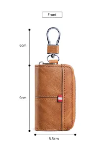 Astuccio portachiavi auto in pelle marrone unisex compatto con gancio in metallo e zip.