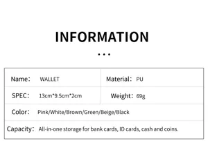 Detailed specification card for women's short wallet showing size material and color options.
