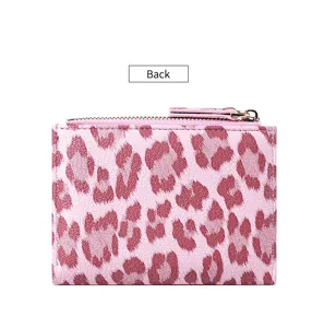 Pink leopard print women short wallet with zipper pocket fashion card holder purse detail view