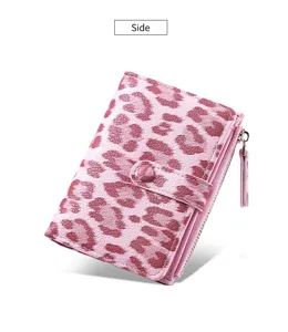 Pink leopard print short wallet for women with card slots and zipper coin pocket design.