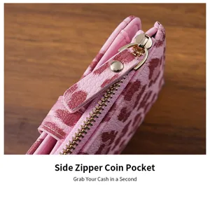 Close-up detail of pink leopard print short wallet with side zipper coin pocket and smooth metal zipper.