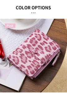 Pink leopard print women short wallet with zipper coin pocket and card slots for daily use.