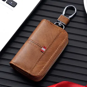 Astuccio per Chiavi Auto in Pelle PU Unisex Vintage Custodia per Chiavi con Chiusura Lampo e Moschettone in Metallo Portachiavi Compatto Multiuso