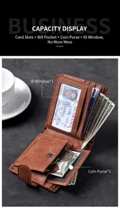 Portafoglio in pelle da uomo con scomparti per carte, finestra ID, portamonete e tasca banconote.