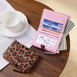 Women short wallet fashion leopard print card holder coin purse multi slot PU leather purse