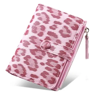 Stylish pink leopard print short wallet for women with card slots and zipper pocket.