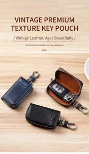 Vintage lederen autosleuteletui met rits, premium multifunctionele hoes voor sleutels.