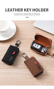 Porte-clés de voiture en cuir de première qualité avec fermeture éclair et crochet.