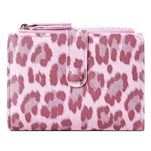 Pink leopard print short wallet for women, compact card holder with zipper and snap closure.