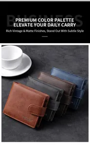Portafoglio uomo in pelle vintage con scomparti multipli per carte e chiusura a pressione.