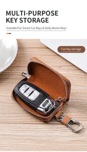 Étui en cuir marron pour clés de voiture zippé porte-clés multifonctionnel pour hommes